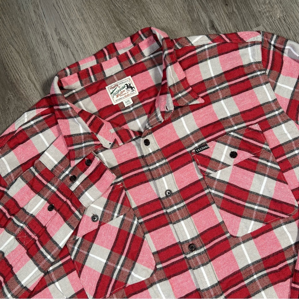 Tecovas Western‎ Goods Mens Plaid Flannel Shirt Red White Grey XXL Heavyweight